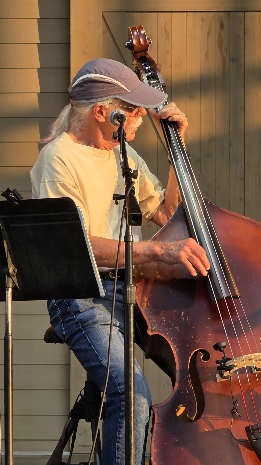 Al Slaathaug on upright bass in the golden evening light